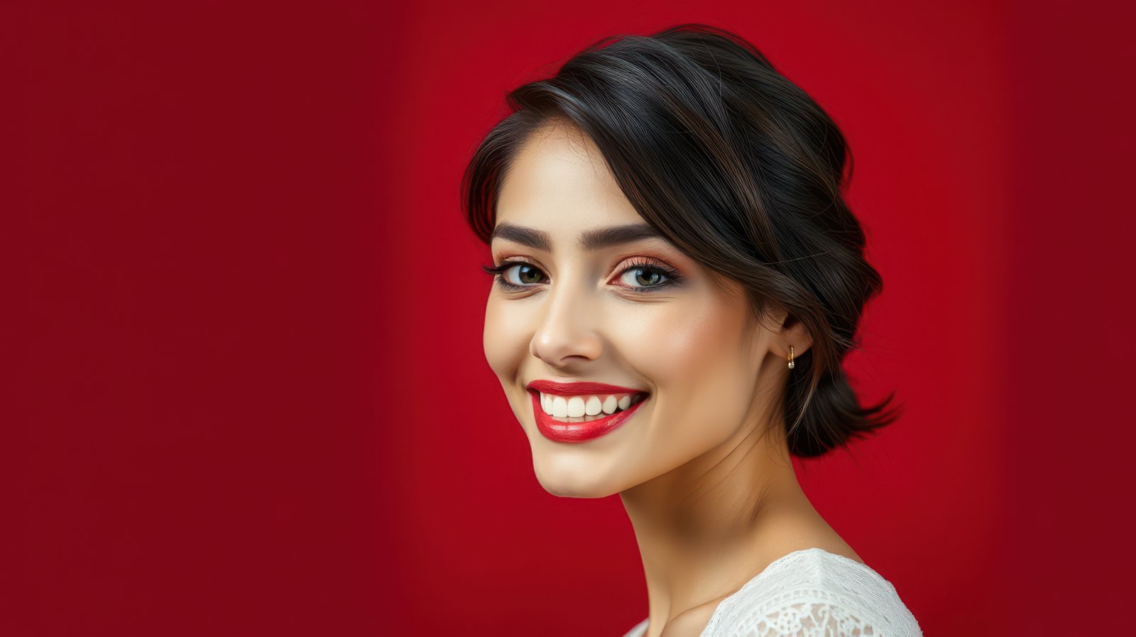 A woman with dark hair smiles brightly against a red background
